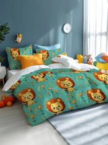 2/3 件可爱狮子图案印花水洗羽绒被套装，柔软舒适，适用于卧室、客房、儿童房、亲子房、酒店、学校宿舍、儿童床上用品套件（带枕套）