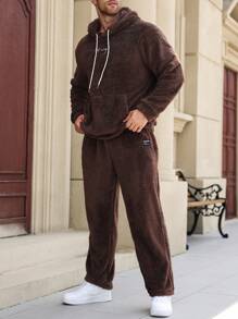 Manfinity Homme 2pcs Casual Men Plus Size Letter Embroidered Kangaroo Pocket Hooded Teddy Sweatshirt And Pants Set - Brown - View 3