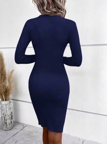 SHEIN Clasi Gaun Sweater Wanita Elegan dengan Kerah Bulat, Lengan Panjang, dan Kancing, Pas Badan, Cocok untuk Musim Gugur/Dingin - Navy Blue - View 2