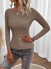 SHEIN Clasi Sweater Pullover Wanita Warna Polos Leher Bulat Lengan Panjang Slim Fit, Musim Gugur/Dingin - Coffee Brown - View 5