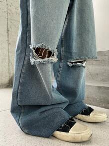 Manfinity EMRG Men's Blue Washed Ripped Wide Leg Baggy Jeans, For Husband, Boyfriend Gifts - Dark Wash - View 3