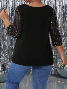 SHEIN CURVE+ 大码女式 3/4 袖亮片拼接黑色 T 恤，春夏 - 黑色 - 查看 2