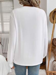 SHEIN LUNE 女士休闲花卉图案长袖白色 T 恤