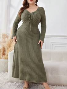 Mulvari Vestido de manga larga con escote en forma de corazón y punto acanalado, talla grande, para mujer - Verde militar - Ver 6