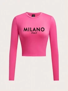 Slaydiva Milano Casual Letter Print Crop Round Neck Long Sleeve Fitted Women T-Shirt, Suitable For Spring And Autumn - Watermelon Pink - View 2