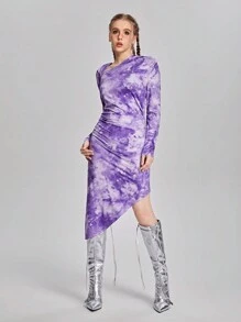 SHEIN 1 pezzo Abito midi aderente per ragazze adolescenti con design vintage Tintura a nodi, Primavera/Autunno