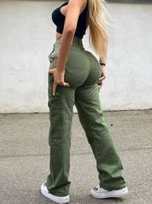 NVFelix New Retro Y2K Cargo Pants For Women - Stretch Flap Pocket Design, Streetwear Style (Fall Clothes) - 軍綠色 - 查看 1