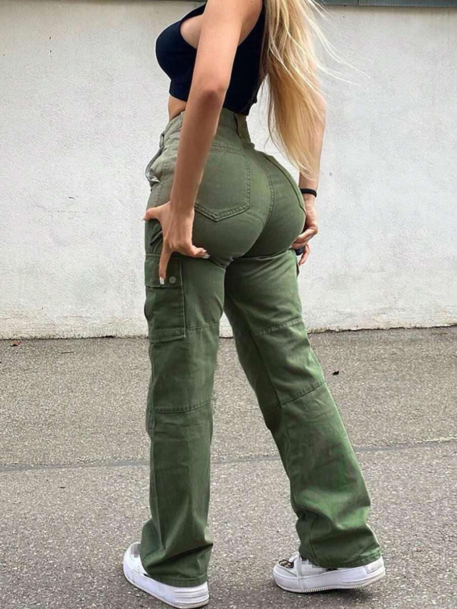 NVFelix New Retro Y2K Cargo Pants For Women - Stretch Flap Pocket Design, Streetwear Style (Fall Clothes) - 軍綠色 - 查看 1