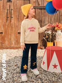 SHEIN 1pc Young Girl Cute/Retro/Casual/Back To School Star/Rhyme Graphic Long Sleeve Sweatshirt, Suitable For School And Outdoor, Spring/Autumn/Winter - Apricot - View 1