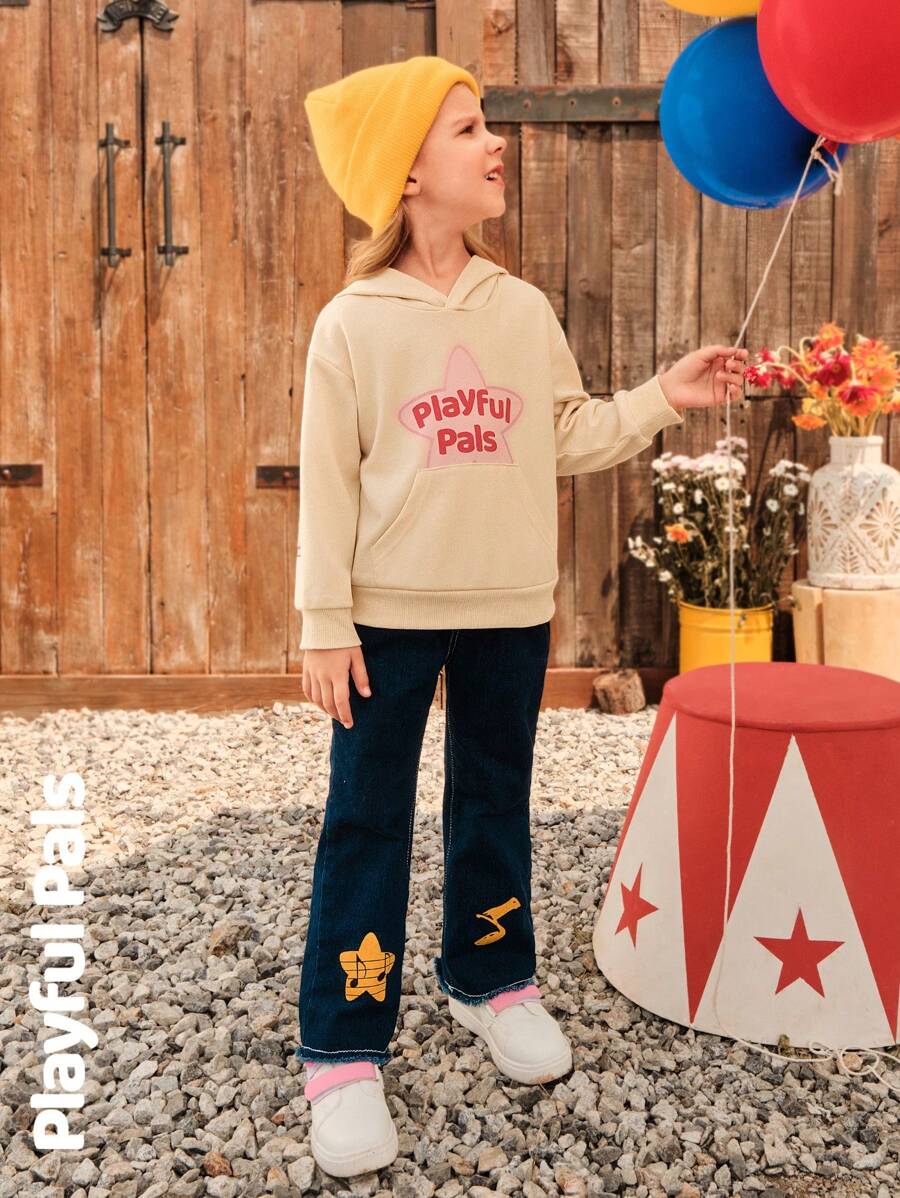 SHEIN 1pc Young Girl Cute/Retro/Casual/Back To School Star/Rhyme Graphic Long Sleeve Sweatshirt, Suitable For School And Outdoor, Spring/Autumn/Winter - Apricot - View 1