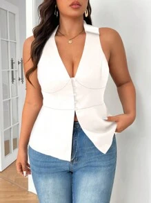 SHEIN Frenchy Vải lanh đen cỡ lớn, áo sơ mi cổ chữ V, xẻ tà cài nút, đơn giản và thời trang, thích hợp cho tiệc cưới, đi làm hàng ngày, áo ba lỗ không tay bó sát thường ngày, phong cách Pháp, tiền cũ - trắng - Xem 7
