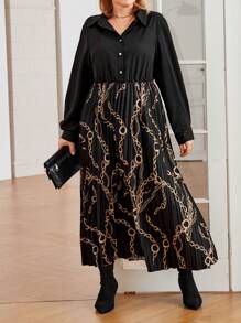 Plus Size Elegant Chain Printed Lantern Sleeve Pleated Hem Dress