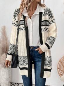 SHEIN Clasi Retro Oversized Color Block Jacquard Knit Cardigan Sweater