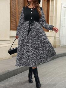 SHEIN LUNE 加大码碎花荷叶边袖贝壳边收腰连衣裙长款女装 - 黑色 - 查看 5