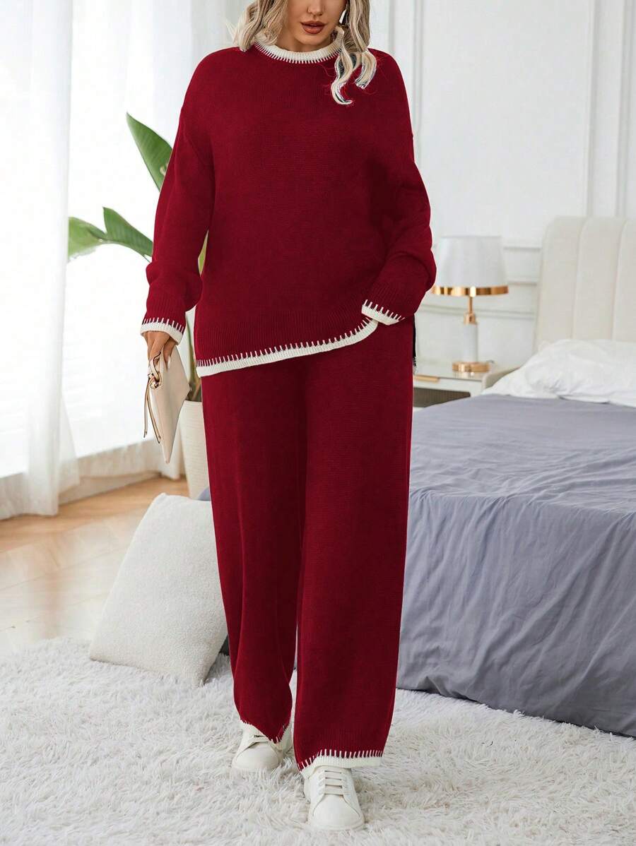 Calvaya 大码女式拼色圆领落肩长袖毛衣和针织裤休闲套装，秋冬新年衣服 - 紅色 - 查看 1