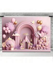 1 pieza Pancarta de decoración de fondo de castillo rosa 210*150cm/150*100cm/100*75cm, pancarta de fondo de fiesta de castillo real con globo de flor para decoración de fiesta de cumpleaños, decoración del hogar de otoño, decoración del hogar de festival - Rosa - Ver 2