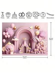 1 pieza Pancarta de decoración de fondo de castillo rosa 210*150cm/150*100cm/100*75cm, pancarta de fondo de fiesta de castillo real con globo de flor para decoración de fiesta de cumpleaños, decoración del hogar de otoño, decoración del hogar de festival - Rosa - Ver 3