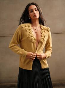 Anewsta Women's Elegant V-Neck Handmade Flower Knit Cardigan