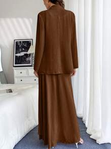 Chiquease Women Spring & Autumn Solid Color Lapel Long Sleeve Blazer Jacket And A-Line Skirt 2pcs Set, Elegant - Brown - View 2