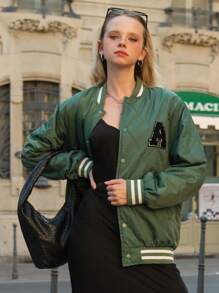 SHEIN Teen Girl Letter Applique Padded Coat - Green - View 1