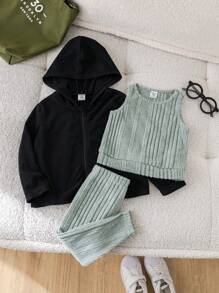 SHEIN 3pcs Set: Black Knitted Long Sleeve Hoodie, Green Ribbed Tank Top, And Ribbed Pants, For Outings - Baby Girl - Black - View 3