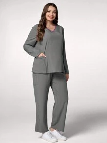 TaskEZ Set de uniforme pentru femei, cu decolteu în V, cu mâneci lungi, cu buzunare, cu top și pantaloni - Gri - Vizualizare 3