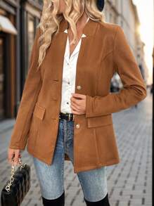 SHEIN Clasi Women's Solid Color Long Sleeve Single-Breasted Casual Jacket, Spring/Autumn Fall Cloth For Women - Chocolate Brown - View 3