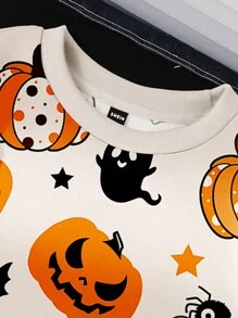 Manfinity Hypemode Men's Casual Halloween Pumpkin & Bat Print Loose Sweatshirt, Fall - White - View 4