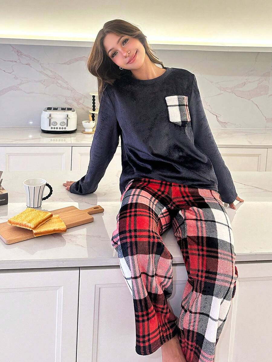 SHEIN 2 件套少女简约格子口袋装饰圆领长袖睡衣套装，配格子法兰绒长裤，秋冬季 - 彩色 - 查看 1