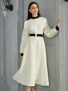 Aveloria Modichic Váy ngắn tay dài ôm sát eo, cổ cao kiểu Pháp, họa tiết jacquard, màu tương phản, tay bồng, hàng khuy đơn dành cho nữ - Nhiều màu - Xem 4