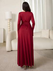 Mulvari Váy dệt kim tay loe thắt eo thanh lịch dài thường ngày cho nữ - Đỏ - Xem 2