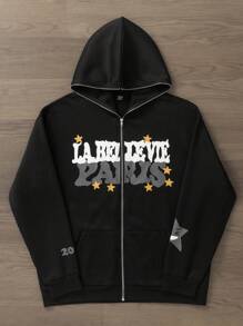 Manfinity Hypemode Chaqueta con capucha con cremallera y estampado de letras y estrellas, talla grande, para primavera y otoño, para hombre