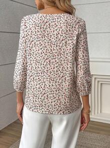 EMERY ROSE 1pc Casual Ditsy Floral Lantern Sleeve Shirt, Autumn,Three Quarter Sleeve Tops