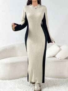 Mulvari Women's Autumn/Winter Crew Neck Long Sleeve Colorblock Ribbed Long Knitted Sweater Dress