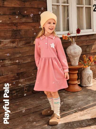 SHEIN 1 件年轻女孩可爱/复古/休闲/返校星星印花长袖 Polo 衫，适合上学和外出，春/秋/冬