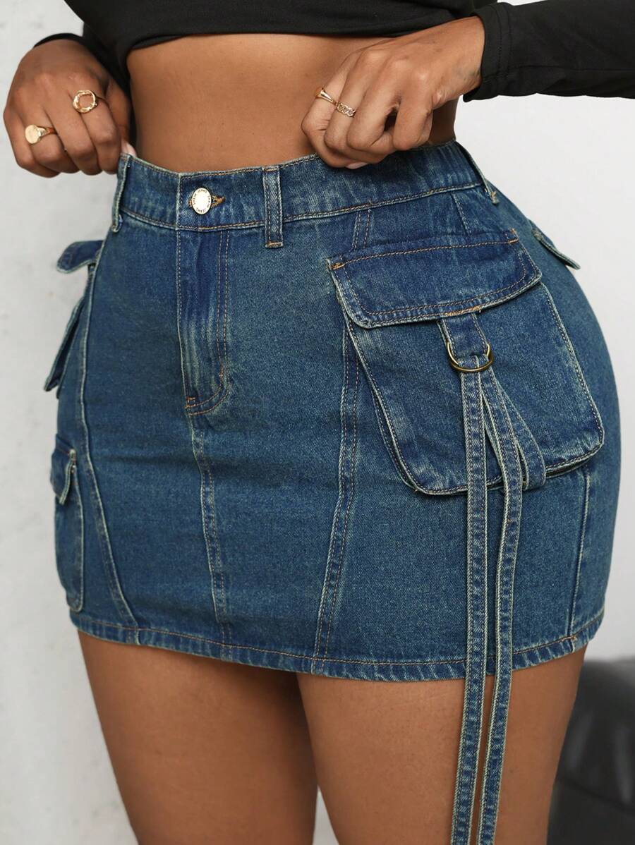 Slaydiva 大码牛仔迷你裙休闲宽松工装蓝色复古水洗