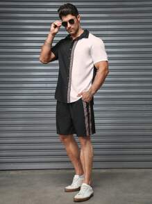 Manfinity Homme 2pcs Men's Geometric Print Contrast Color Short Sleeve Shirt And Shorts Casual Suit, Summer