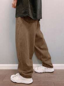 Claim Dot 男式宽松斜口袋直筒牛仔裤 - 駝色 - 查看 7