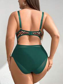 SHEIN LUNE 大码女式性感可爱豹纹蕾丝紧身衣内衣，优雅秋夏季 - 墨綠色 - 查看 2