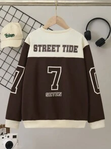 SHEIN Tween Boys' Fashionable & Sporty Casual Letter Print Pattern Contrast Color Loose Fit Sweatshirt Chic Autumn/Winter - Multicolor - View 2