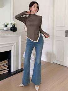 DAZY 女士休闲撞色边不对称下摆针织毛衣，秋季女装 - 紫紅色 - 查看 4