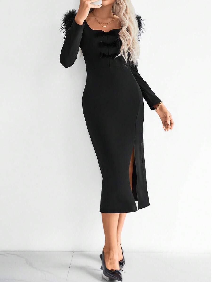Chiquease Elegant Velvet Bow Tie Long Dress, Party & Casual Wear, Autumn Winter - Black - View 1