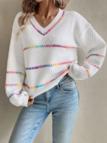 Chiquease 女士时尚宽松条纹针织毛衣，秋冬季，长袖上衣