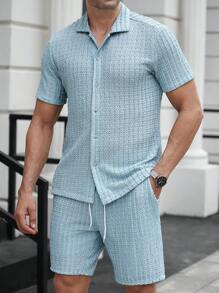 Manfinity Homme 2 piezas Camisa de manga corta con botones de unicolor y pantalón corto casual con bolsillos con cordón para hombre