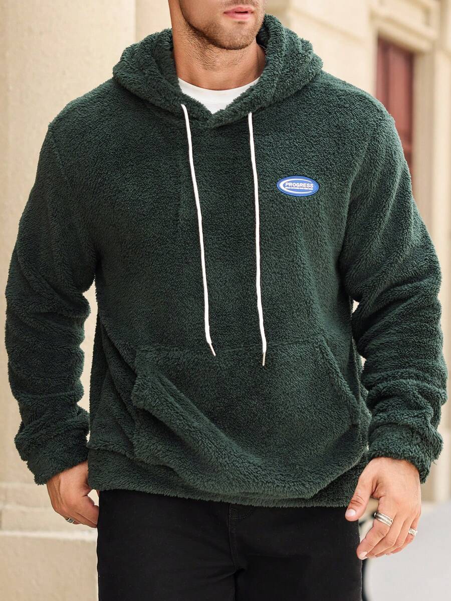 Manfinity Homme Plus Size Men's Letter Print Kangaroo Pocket Drawstring Hooded Teddy Sweatshirt