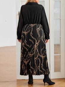 Plus Size Elegant Chain Printed Lantern Sleeve Pleated Hem Dress