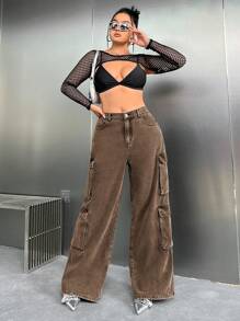 SHEIN ICON Y2K High Waist Black Cargo Pocket Plus Size Straight Leg Jeans