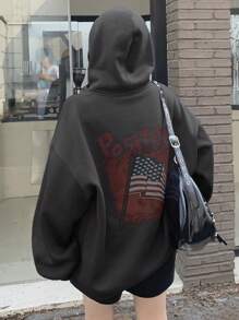 DAZY 女士休闲美国国旗印花连帽羊毛运动衫，秋季，长袖上衣，秋季女装 - 黑色 - 查看 1