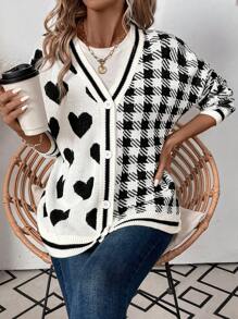 SHEIN LUNE Women's Heart & Houndstooth Pattern Drop Shoulder Long Sleeve Single-Breasted Cardigan, Autumn/Winter Fall Cloth For Women - Black and White - View 3
