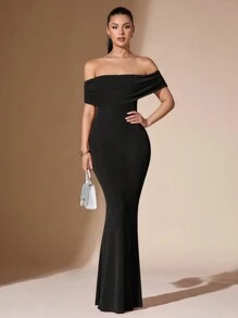 SHEIN BAE 女士纯色露肩性感透明优雅美人鱼露背紧身舞会礼服 - 黑色 - 查看 2